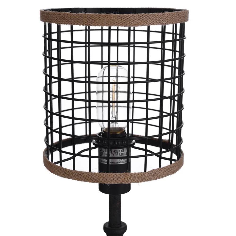 Farmhouse 20"H Black & Brown Metal and Burlap Cage Table Lamp - Picture 6 of 14